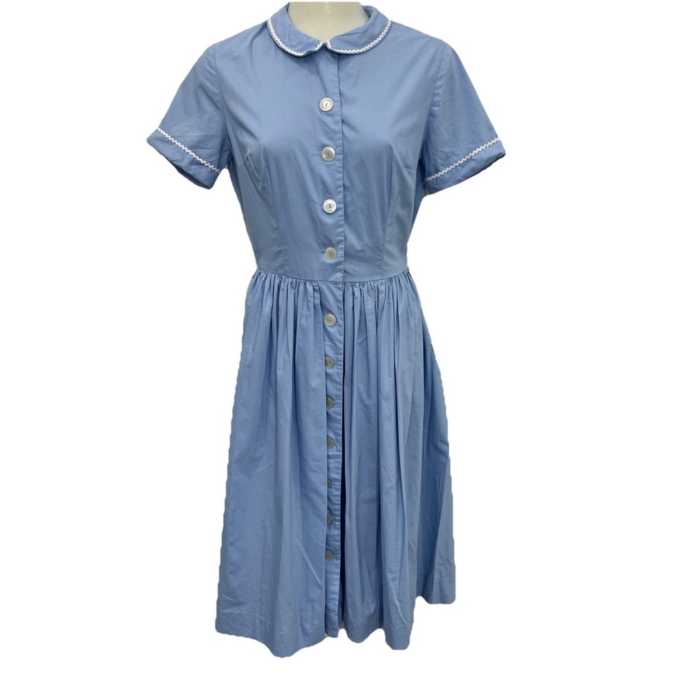 Vintage 1950s Bobbie Brooks Blue Cotton Shirt Dress Ric Rac Fit Flare USA XS S